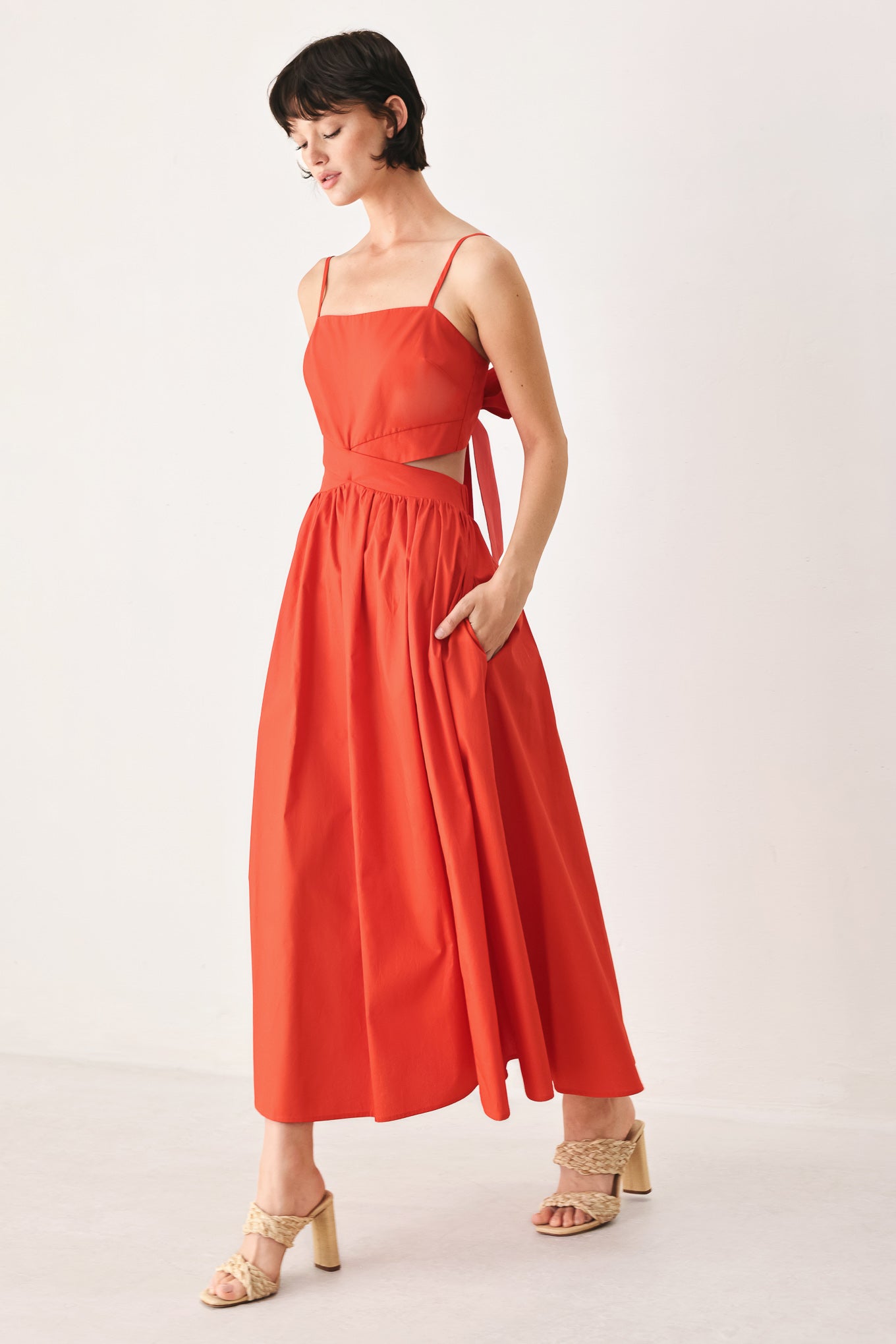 The Riviera Nights Woven Midi Dress in CORAL RED - Riviera Nights Dress Code