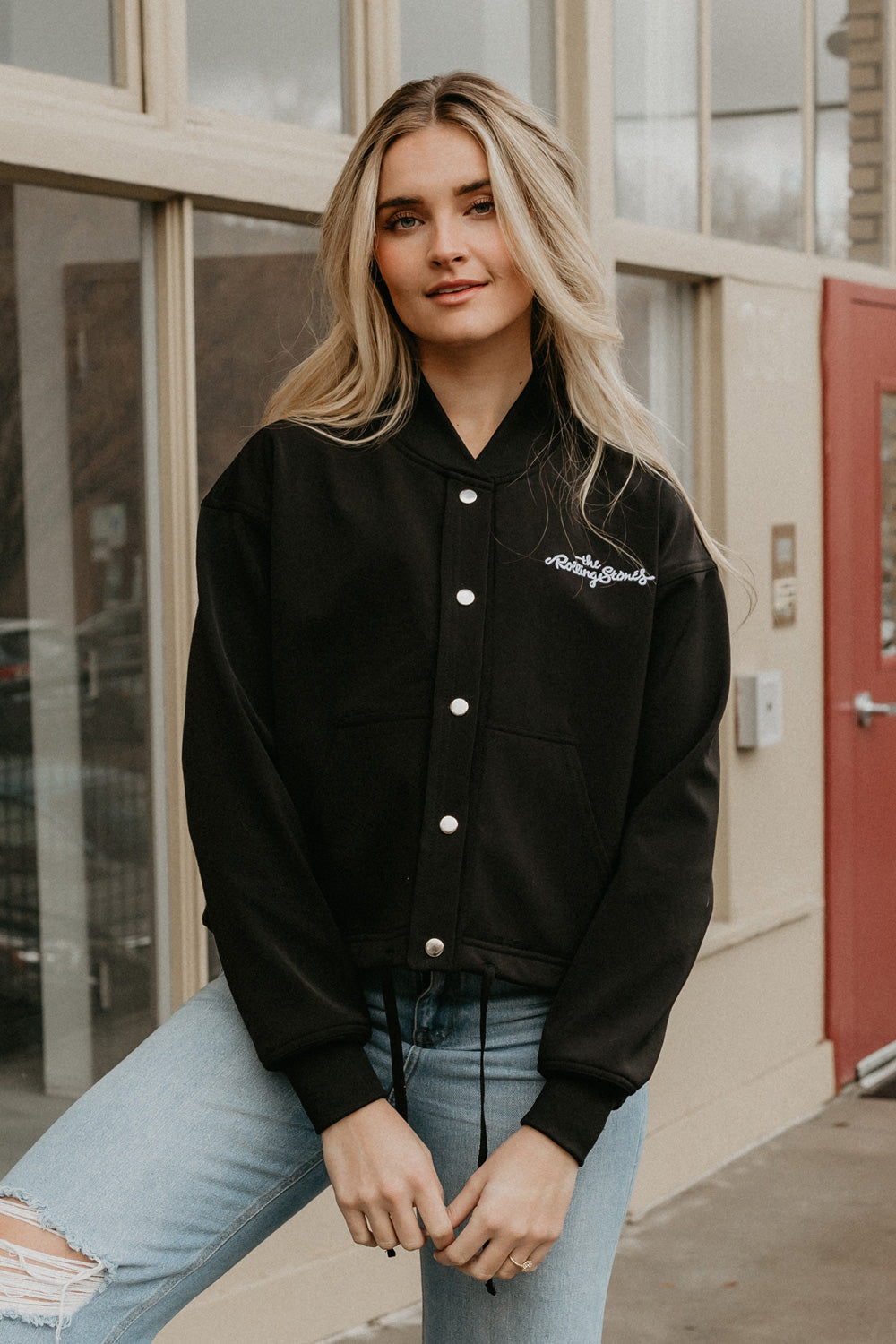 The Rolling Stones Varsity in Black view 2 - Rolling Stones Varsity Jacket (layer)