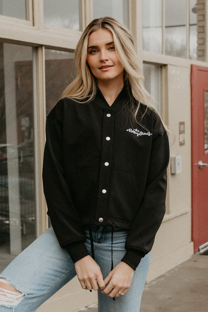The Rolling Stones Varsity in Black view 2 - Rolling Stones Varsity Jacket (layer)
