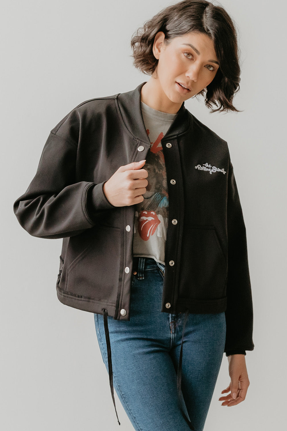 The Rolling Stones Varsity in Black view 3 - Rolling Stones Varsity Jacket (layer)