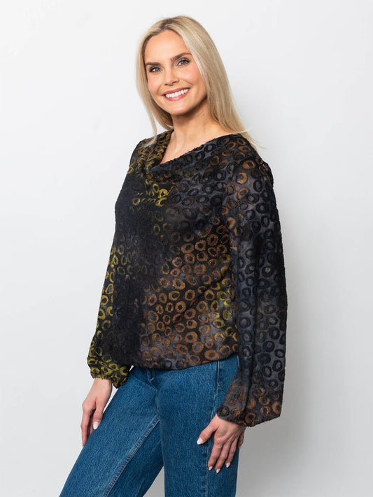 Tie Dyed Burnout Eyelash Bubble Hem Blouse in Eclipse (top)