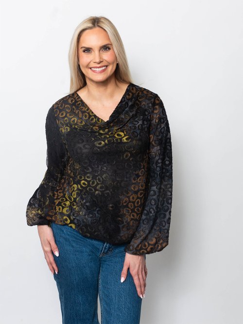 Tie Dyed Burnout Eyelash Bubble Hem Blouse in Eclipse view 2 (top)