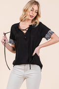 Tie Front Short Sleeve Top Black view 2 (top) - short tops for women, short top hat, short top mullet - shop at us.meeeshop