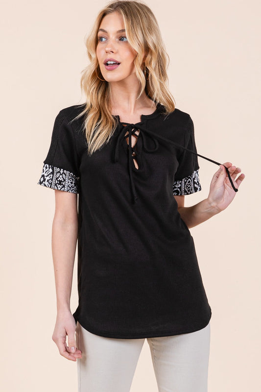Tie Front Short Sleeve Top in Black - Short Tops For Women
