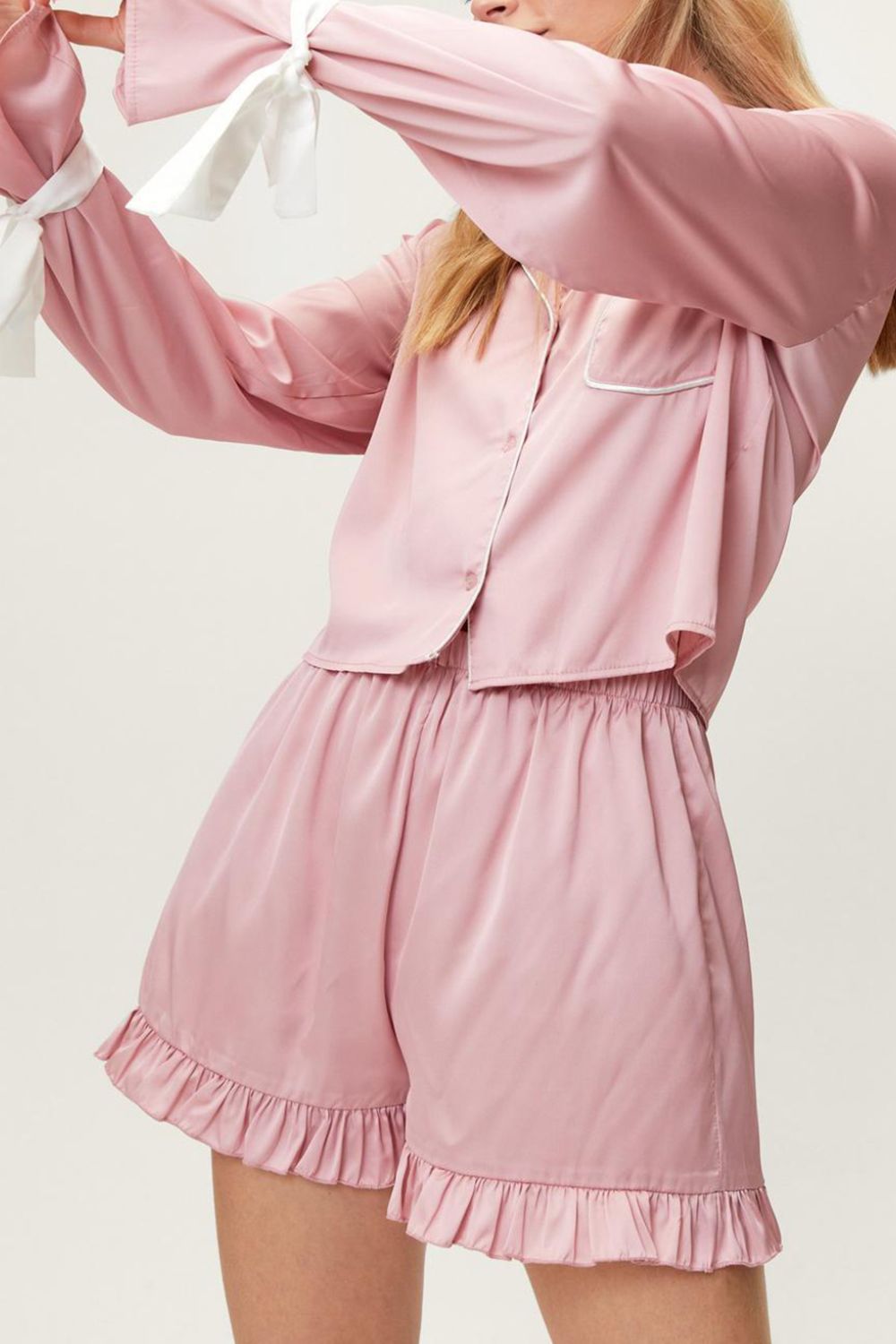 Tied Cuff Collared Neck Top and Frill Shorts Lounge Set - MeeeShop Women's Fashion