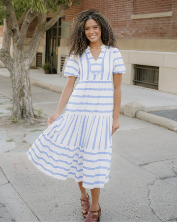 Tiffany Ricrac Trim Notched Neck Half Sleeve Vacation Dress in Sky Blue Stripe - Summer Outfit Idea