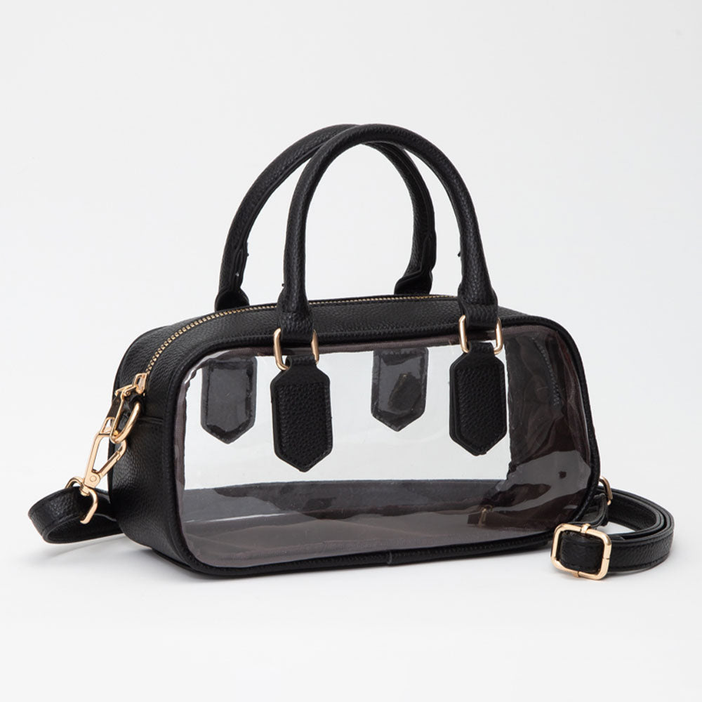 Transparent Structured Top Handle Handbag / Crossbody Bag in Black, Clear - Bag Top