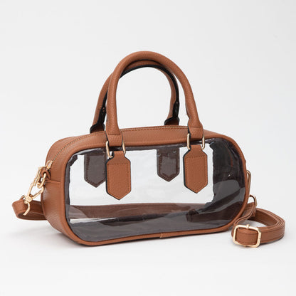 Transparent Structured Top Handle Handbag / Crossbody Bag in Clear, Tan view 11 - Bag Top