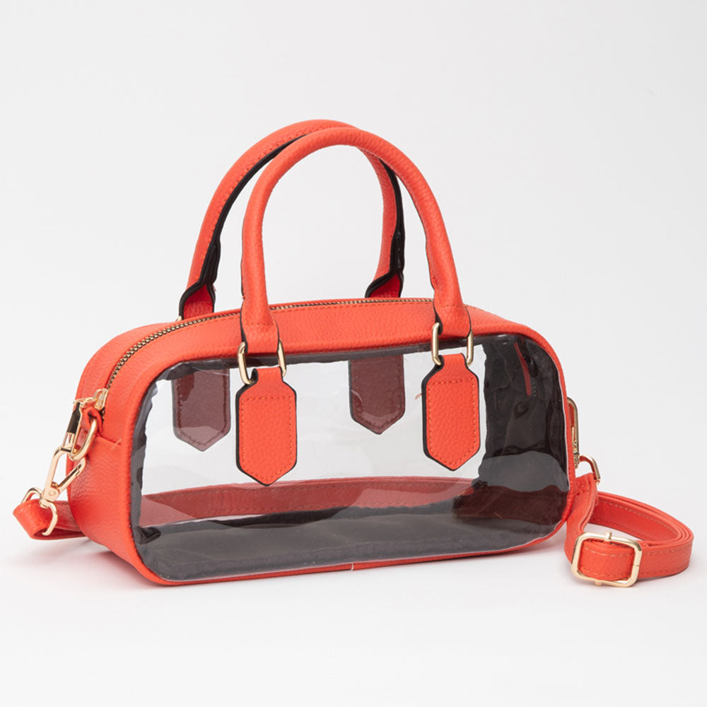 Transparent Structured Top Handle Handbag / Crossbody Bag in Clear, Orange view 12 - Bag Top