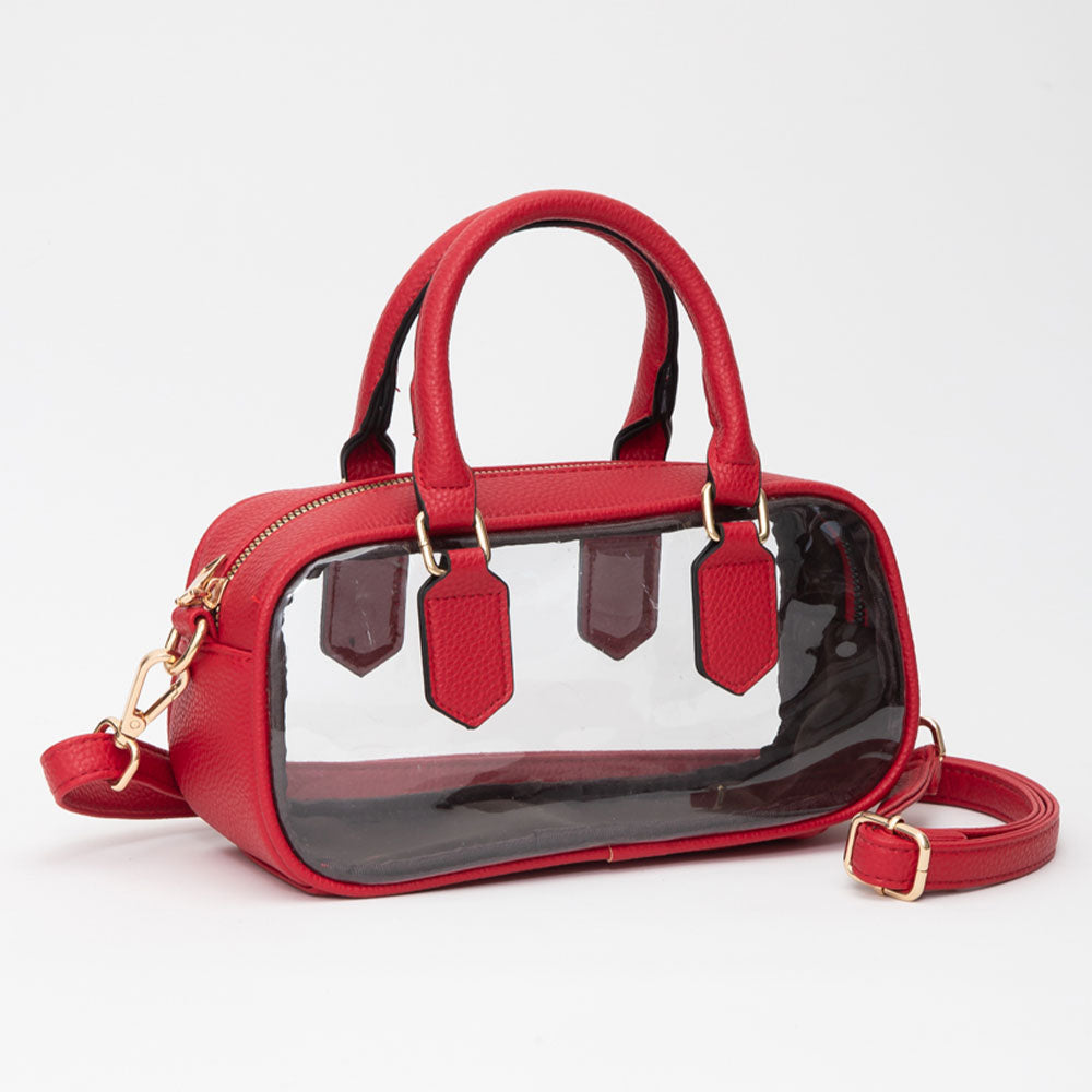 Transparent Structured Top Handle Handbag / Crossbody Bag in Clear, Red view 3 - Bag Top