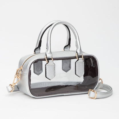 Transparent Structured Top Handle Handbag / Crossbody Bag in Clear, Silver view 4 - Bag Top
