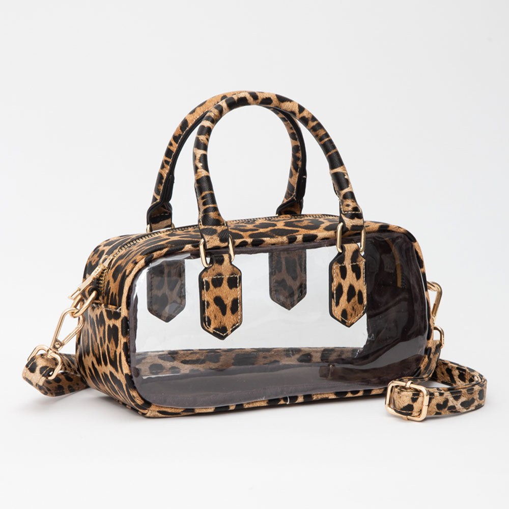 Transparent Structured Top Handle Handbag / Crossbody Bag in Clear, Leopard view 5 - Bag Top