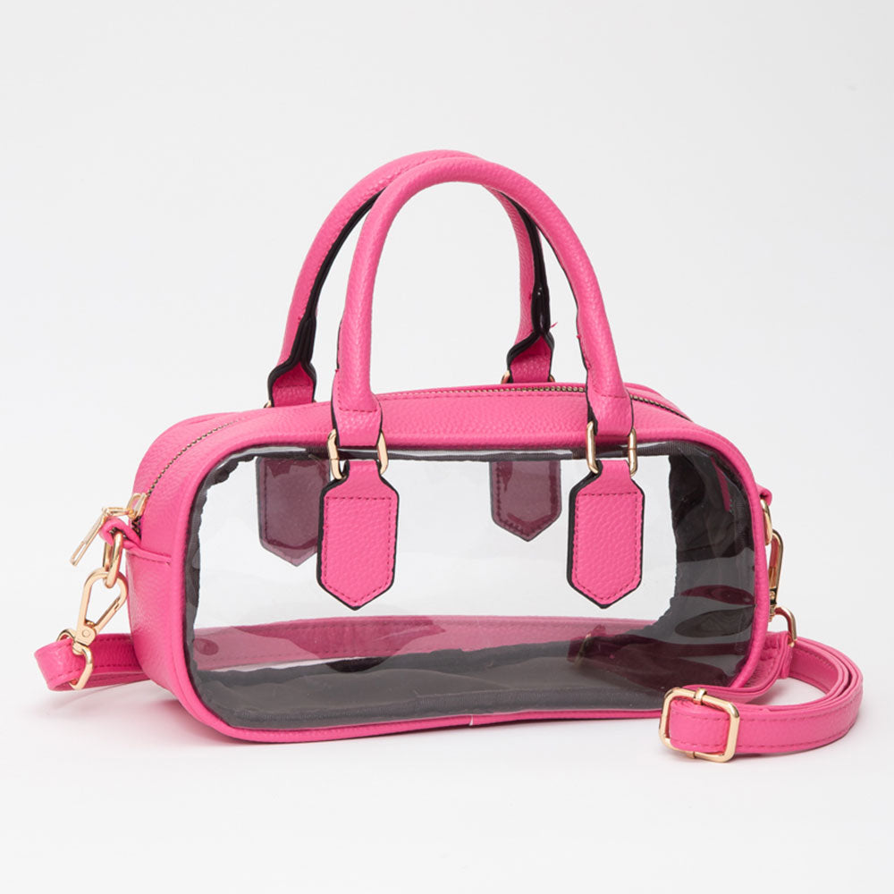 Transparent Structured Top Handle Handbag / Crossbody Bag in Clear, Fuchsia view 9 - Bag Top
