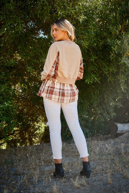 Trendsi and the Why Full Size Double Layered Plaid Contrast Sweatshirt in Taupe view 5 (top)