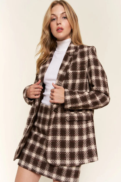 Trendsi and the Why Full Size Plaid Brushed One Button Blazer in Brown view 2 - Casual Office Outfit (layer)