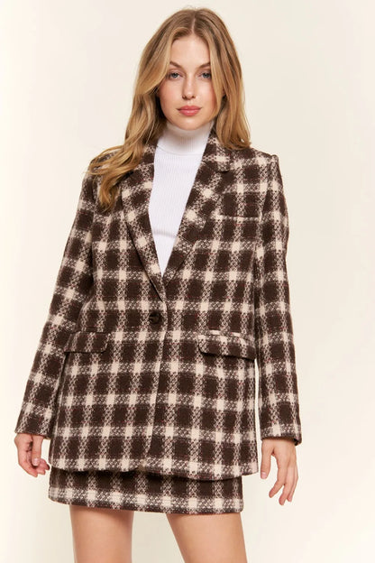 Trendsi and the Why Full Size Plaid Brushed One Button Blazer in Brown view 4 - Casual Office Outfit (layer)