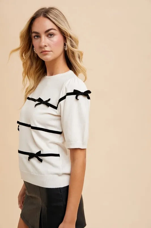 Trendsi Annie Wear Striped Bow Round Neck Knit Top in White view 2 - Fall Wardrobe Essential - Annie Wear Tops