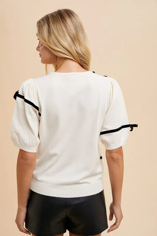 Trendsi Annie Wear Striped Bow Round Neck Knit Top in White view 3 - Fall Wardrobe Essential - Annie Wear Tops
