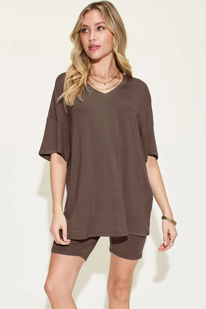 Trendsi Basic Bae Full Size V-neck Drop Shoulder T-shirt and Shorts Set in Dark Gray view 17 - Set 1 (top)