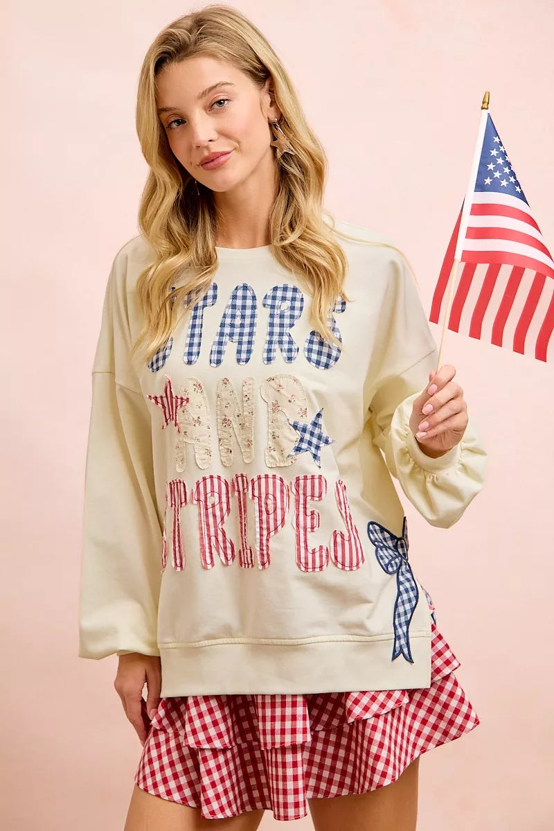 Trendsi Bibi 4th of July Stars and Stripes Patches Sweatshirt view 6 (top)