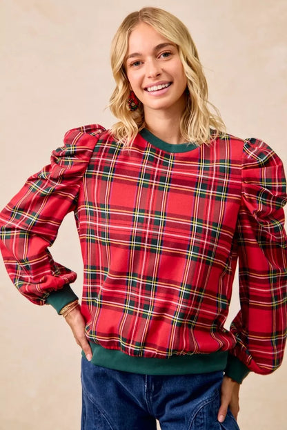 Trendsi Bibi Christmas Plaid Exaggerated Shoulder Sleeves Top view 11 - Bibi Christmas Tops