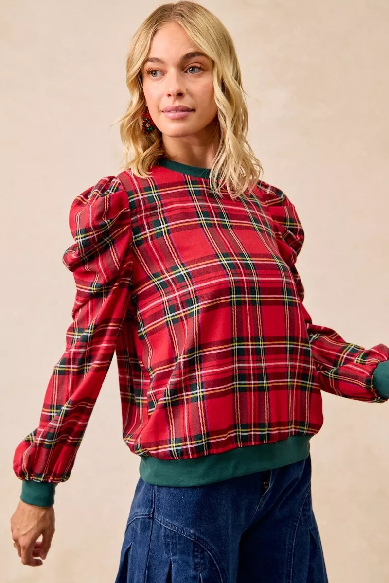 Trendsi Bibi Christmas Plaid Exaggerated Shoulder Sleeves Top in RED PLAID view 4 - Bibi Christmas Tops