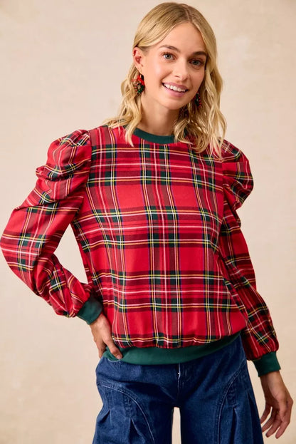 Trendsi Bibi Christmas Plaid Exaggerated Shoulder Sleeves Top view 5 - Bibi Christmas Tops