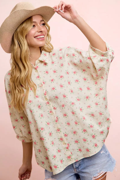 Trendsi Bibi Flower Printed Short Dolman Blouse Top in Red Flower - Tres Bien Blouse