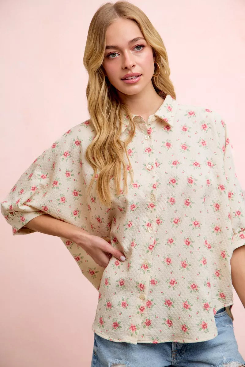 Trendsi Bibi Flower Printed Short Dolman Blouse Top in Red Flower view 2 - Tres Bien Blouse