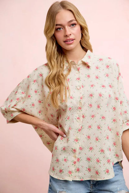 Trendsi Bibi Flower Printed Short Dolman Blouse Top in Red Flower view 2 - Tres Bien Blouse