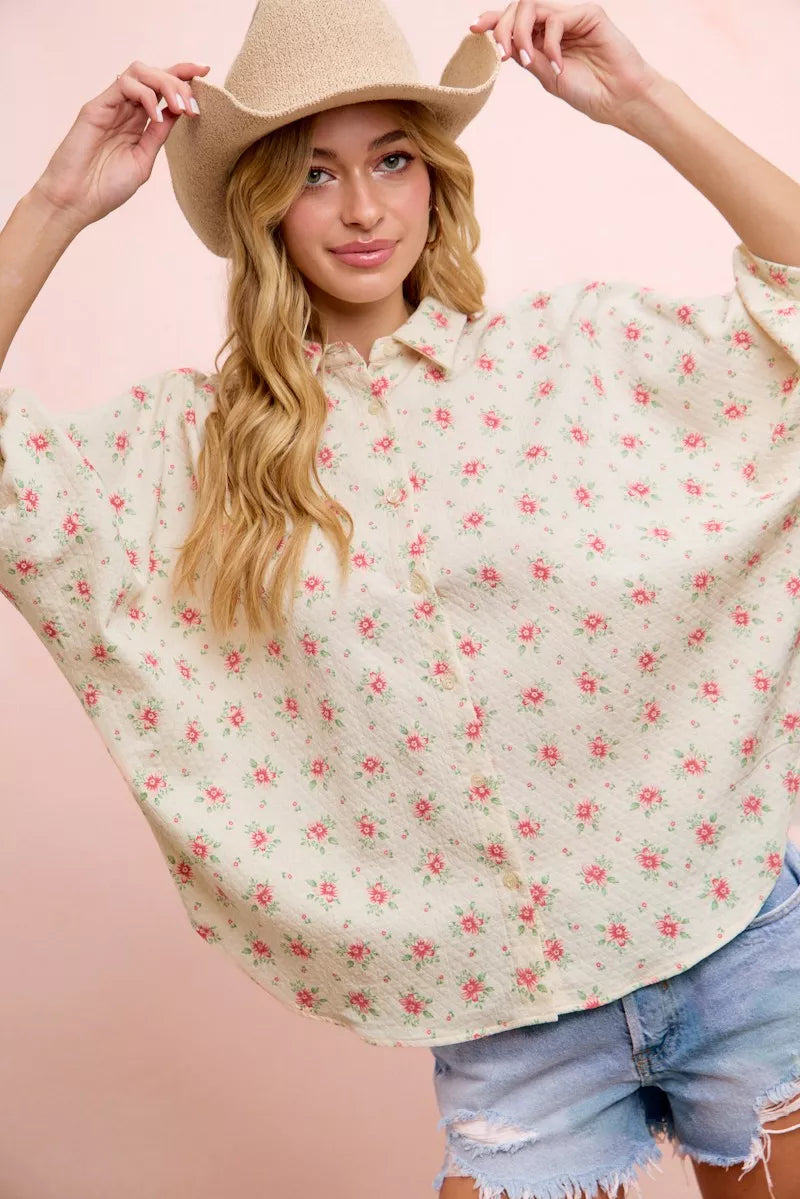 Trendsi Bibi Flower Printed Short Dolman Blouse Top in Red Flower view 3 - Tres Bien Blouse