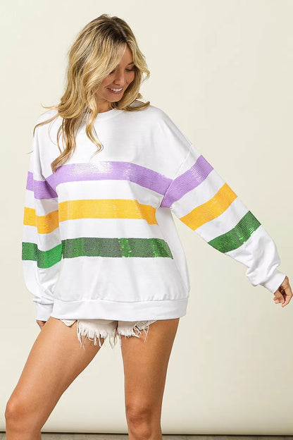Trendsi Bibi Sequin Mardi Gras Striped Round Neck Sweatshirt view 7 - Bibi Sequin Sweater (top)