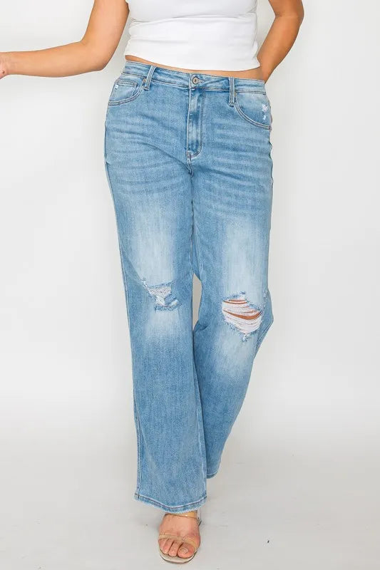 Trendsi Bytos Full Size Distressed High Rise Straight Jeans in Medium view 10 - High-Waisted - But Jeans (bottom)