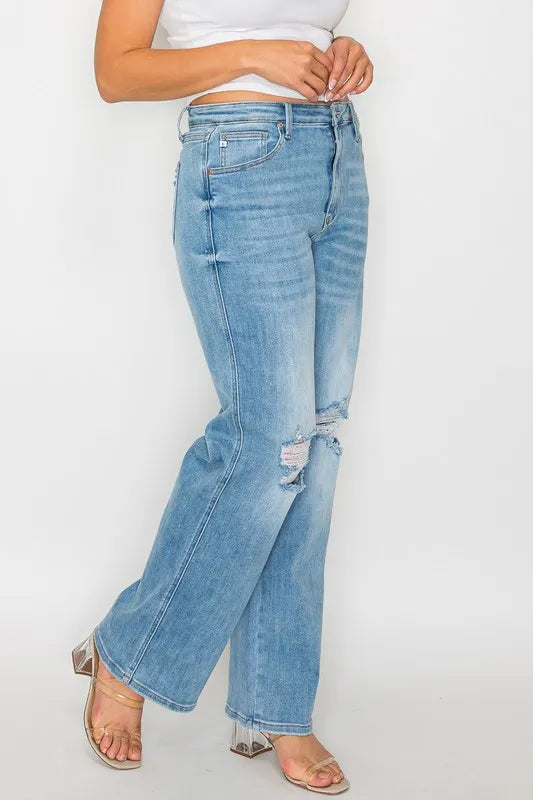 Trendsi Bytos Full Size Distressed High Rise Straight Jeans view 12 - High-Waisted - But Jeans (bottom)