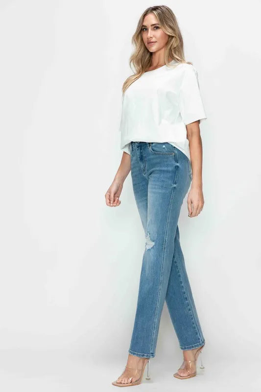 Trendsi Bytos Full Size Distressed High Rise Straight Jeans in Medium view 3 - High-Waisted - But Jeans (bottom)