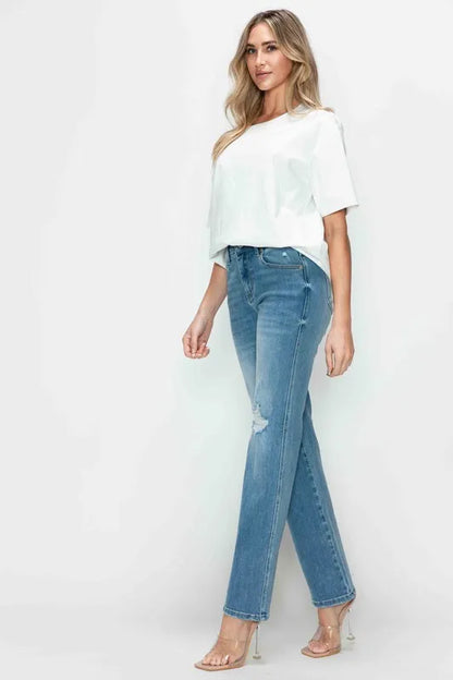 Trendsi Bytos Full Size Distressed High Rise Straight Jeans in Medium view 3 - High-Waisted - But Jeans (bottom)
