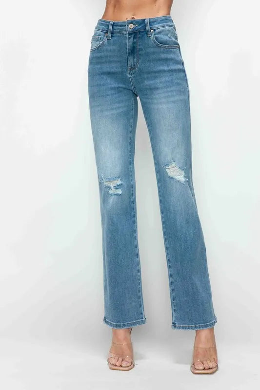Trendsi Bytos Full Size Distressed High Rise Straight Jeans in Medium view 6 - High-Waisted - But Jeans (bottom)