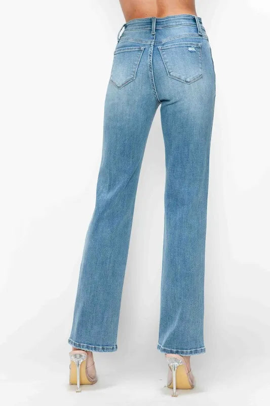 Trendsi Bytos Full Size Distressed High Rise Straight Jeans in Medium view 7 - High-Waisted - But Jeans (bottom)