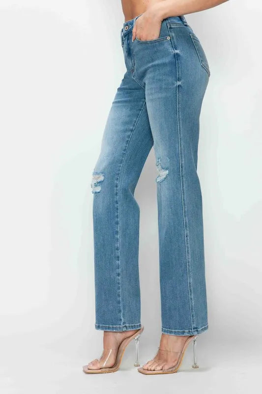 Trendsi Bytos Full Size Distressed High Rise Straight Jeans in Medium view 8 - High-Waisted - But Jeans (bottom)