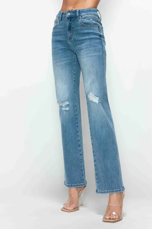 Trendsi Bytos Full Size Distressed High Rise Straight Jeans in Medium view 9 - High-Waisted - But Jeans (bottom)