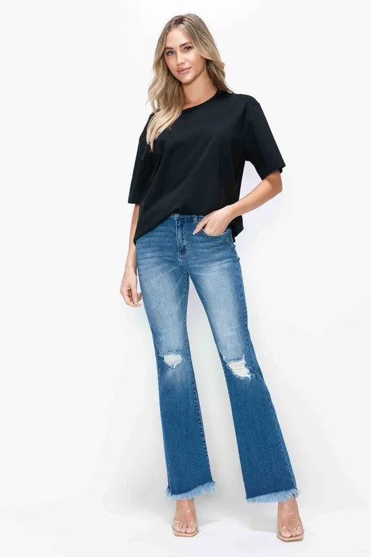 Trendsi Bytos Full Size Raw Hem Distressed High Rise Bootcut Jeans in Medium - High-Waisted - But Jeans (bottom)