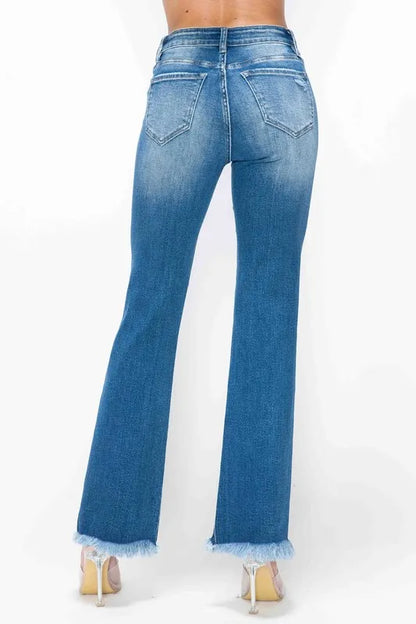 Trendsi Bytos Full Size Raw Hem Distressed High Rise Bootcut Jeans in Medium view 5 - High-Waisted - But Jeans (bottom)