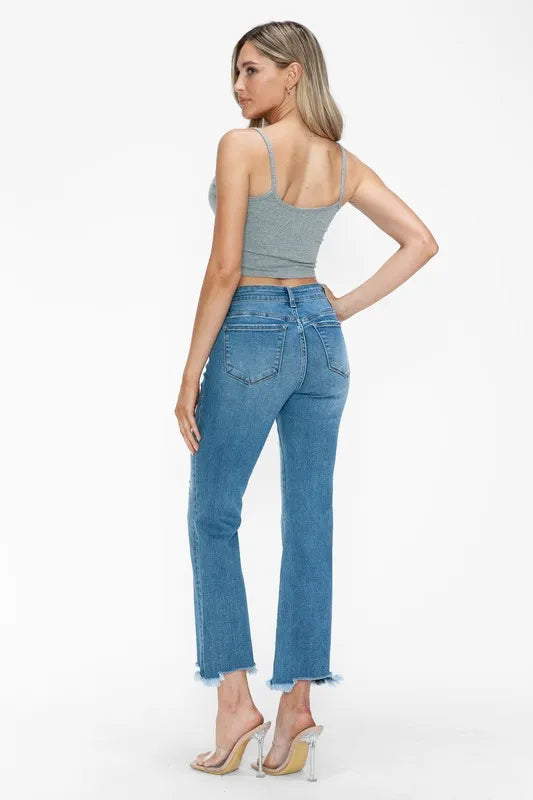 Trendsi Bytos Raw Hem Distressed Mid Rise Crop Jeans in Medium view 3 - Bootcut Jeans Raw Denim (bottom)