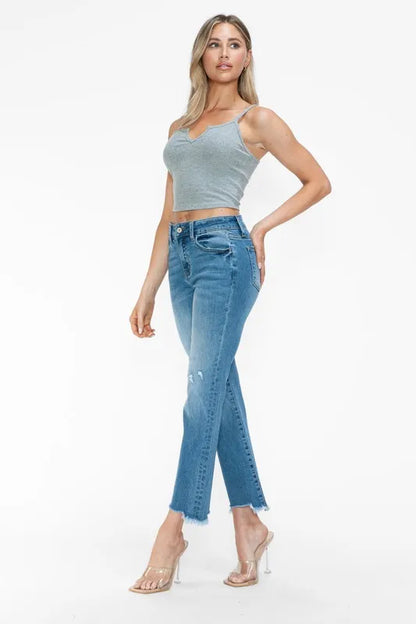 Trendsi Bytos Raw Hem Distressed Mid Rise Crop Jeans in Medium view 4 - Bootcut Jeans Raw Denim (bottom)