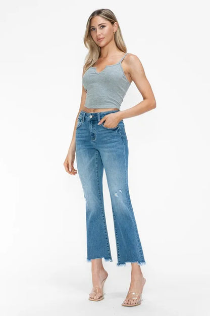 Trendsi Bytos Raw Hem Distressed Mid Rise Crop Jeans in Medium view 5 - Bootcut Jeans Raw Denim (bottom)