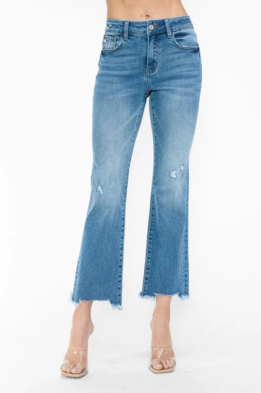 Trendsi Bytos Raw Hem Distressed Mid Rise Crop Jeans in Medium view 6 - Bootcut Jeans Raw Denim (bottom)