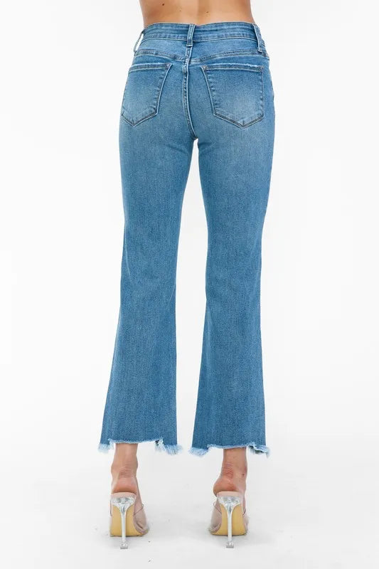 Trendsi Bytos Raw Hem Distressed Mid Rise Crop Jeans in Medium view 7 - Bootcut Jeans Raw Denim (bottom)