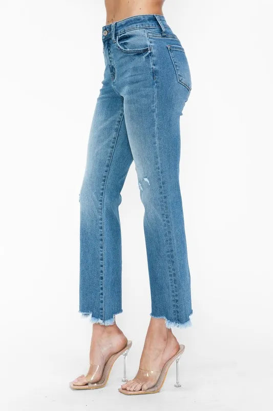 Trendsi Bytos Raw Hem Distressed Mid Rise Crop Jeans in Medium view 8 - Bootcut Jeans Raw Denim (bottom)