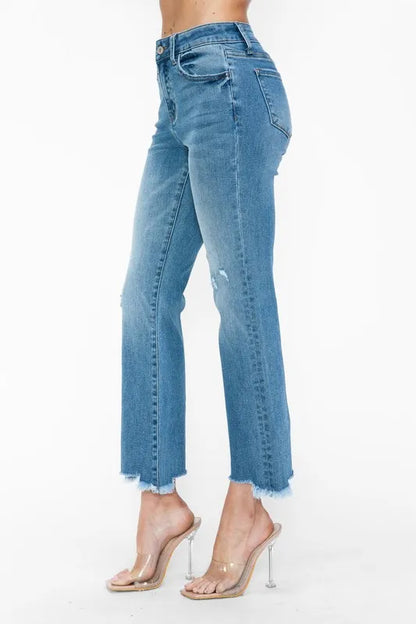 Trendsi Bytos Raw Hem Distressed Mid Rise Crop Jeans in Medium view 8 - Bootcut Jeans Raw Denim (bottom)
