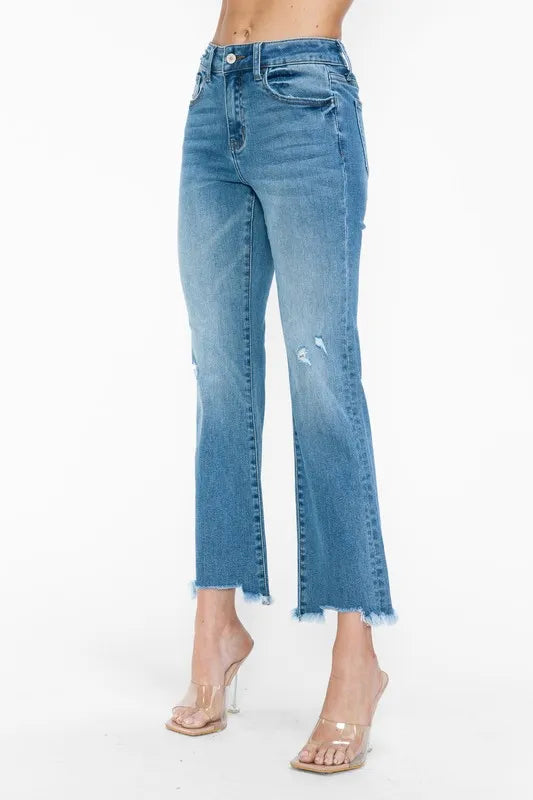 Trendsi Bytos Raw Hem Distressed Mid Rise Crop Jeans view 9 - Bootcut Jeans Raw Denim (bottom)